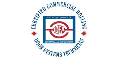 Certified commercial rolling door systems technician badge from the Institute of Door Dealer Education and Accreditation, emphasizing expertise in garage door services.