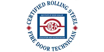 Certified Rolling Steel Fire Door Technician badge from the Institute of Door Dealer Education and Accreditation, emphasizing expertise in garage door safety and installation.