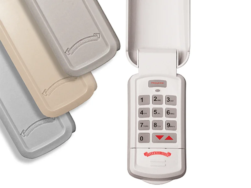 Wireless keypad for garage door openers with programming buttons, available in multiple colors, showcasing user-friendly design for enhanced access and security.