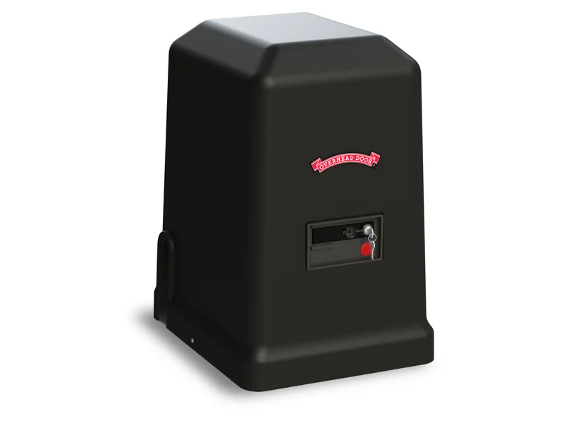 Slide gate operator from Overhead Door Company, featuring a sleek black design, intuitive controls, and weather-resistant construction for enhanced security and automation.