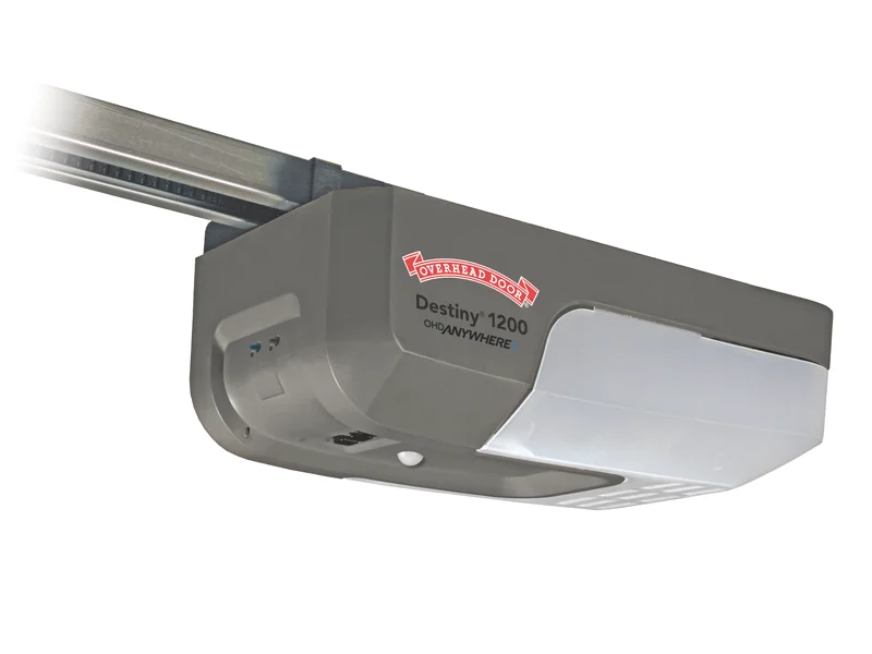 Overhead Door™ Destiny® 1200 garage door opener featuring a sleek design, integrated LED lighting, and advanced technology for efficient operation.