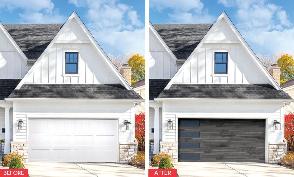 Before and after comparison of a garage door transformation, showcasing a traditional white garage door replaced with a modern dark wood-style door, enhancing curb appeal and home aesthetics.