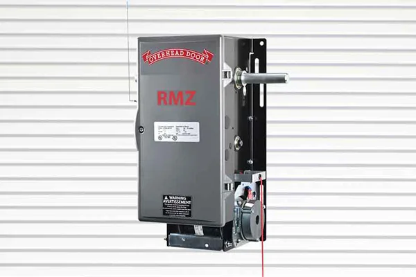 Overhead Door RMZ commercial garage door operator showcasing durability and safety features against a striped background.