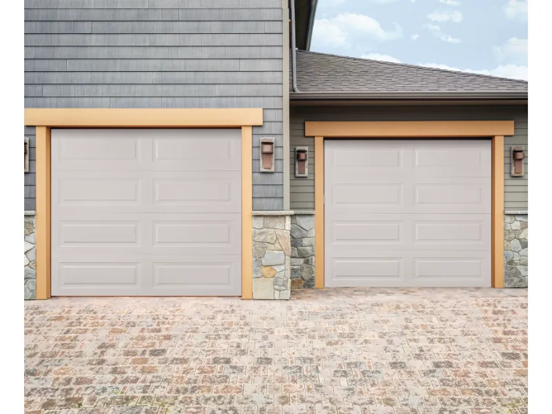 Before and after comparison of garage doors featuring modern design with light gray panels and wooden trim, showcasing the transformation by Overhead Door Company of Fresno.