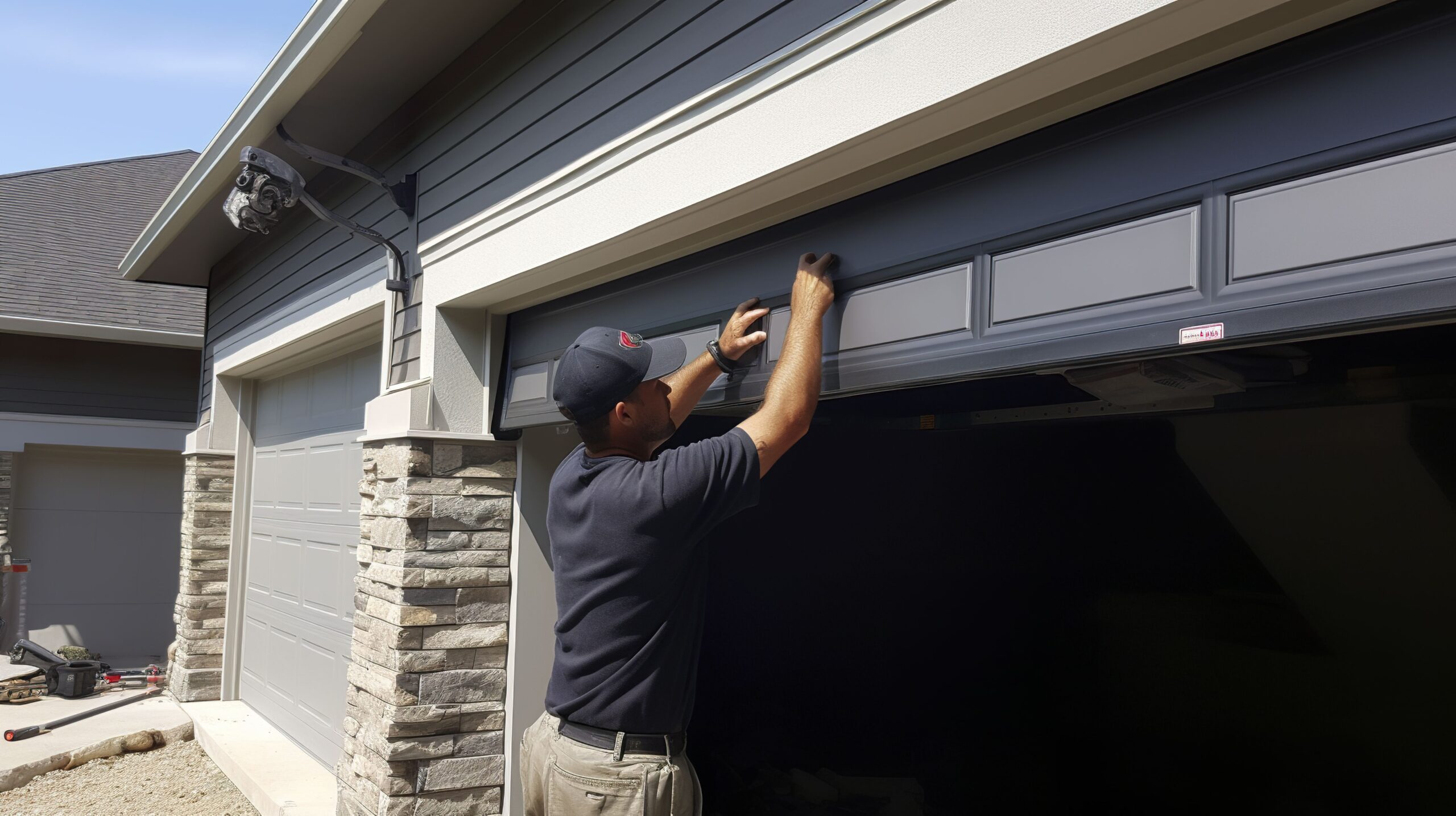 Technician inspecting and repairing a garage door, highlighting essential maintenance for safety and functionality.