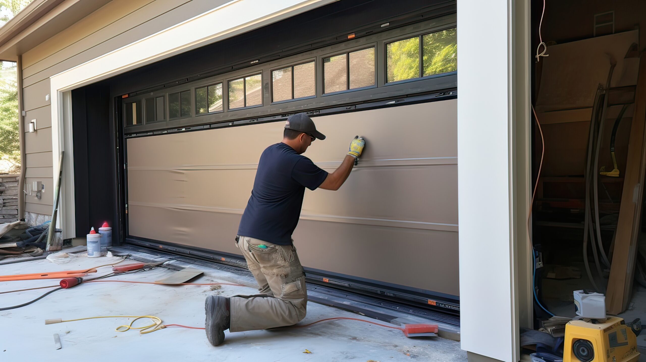 Technician performing emergency garage door repair, adjusting door panel with tools, showcasing Overhead Door Company of Fresno™ service expertise.