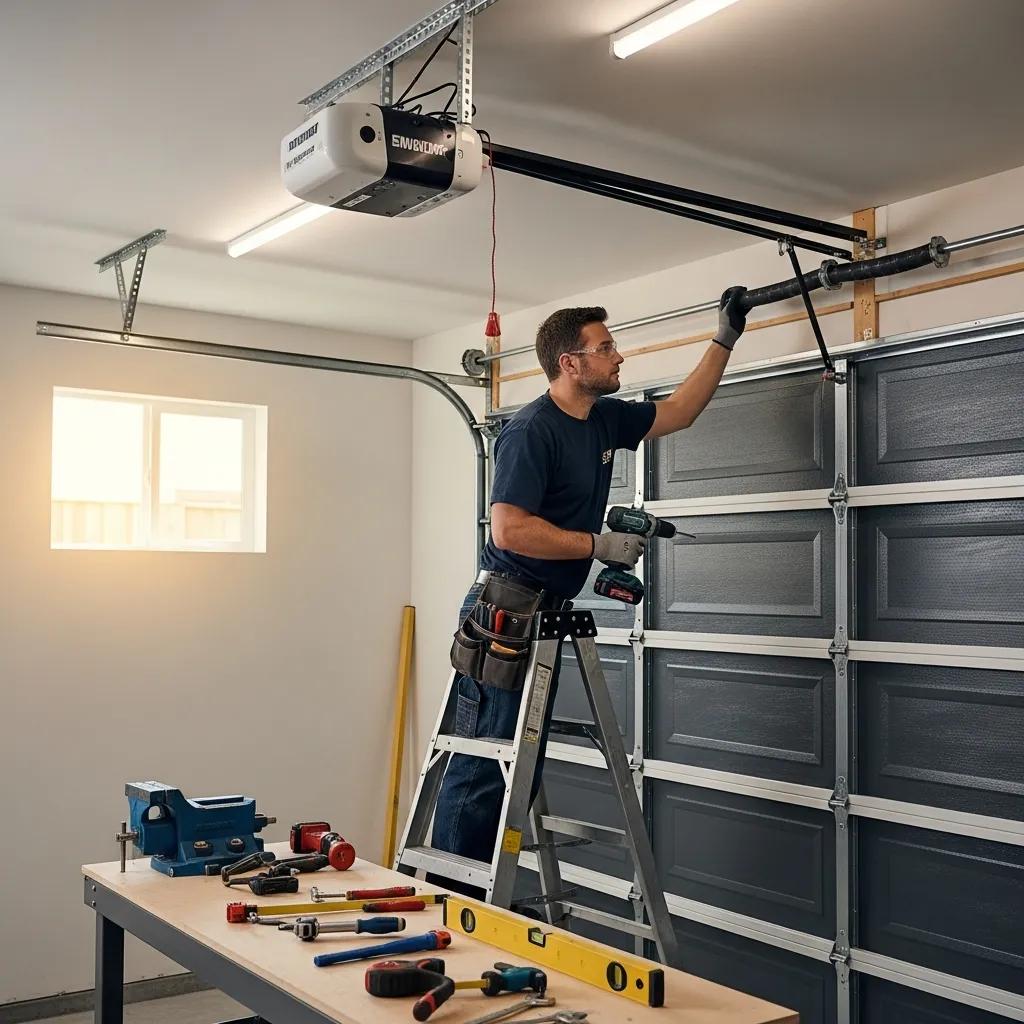 Professional garage door installation by a technician in a residential setting