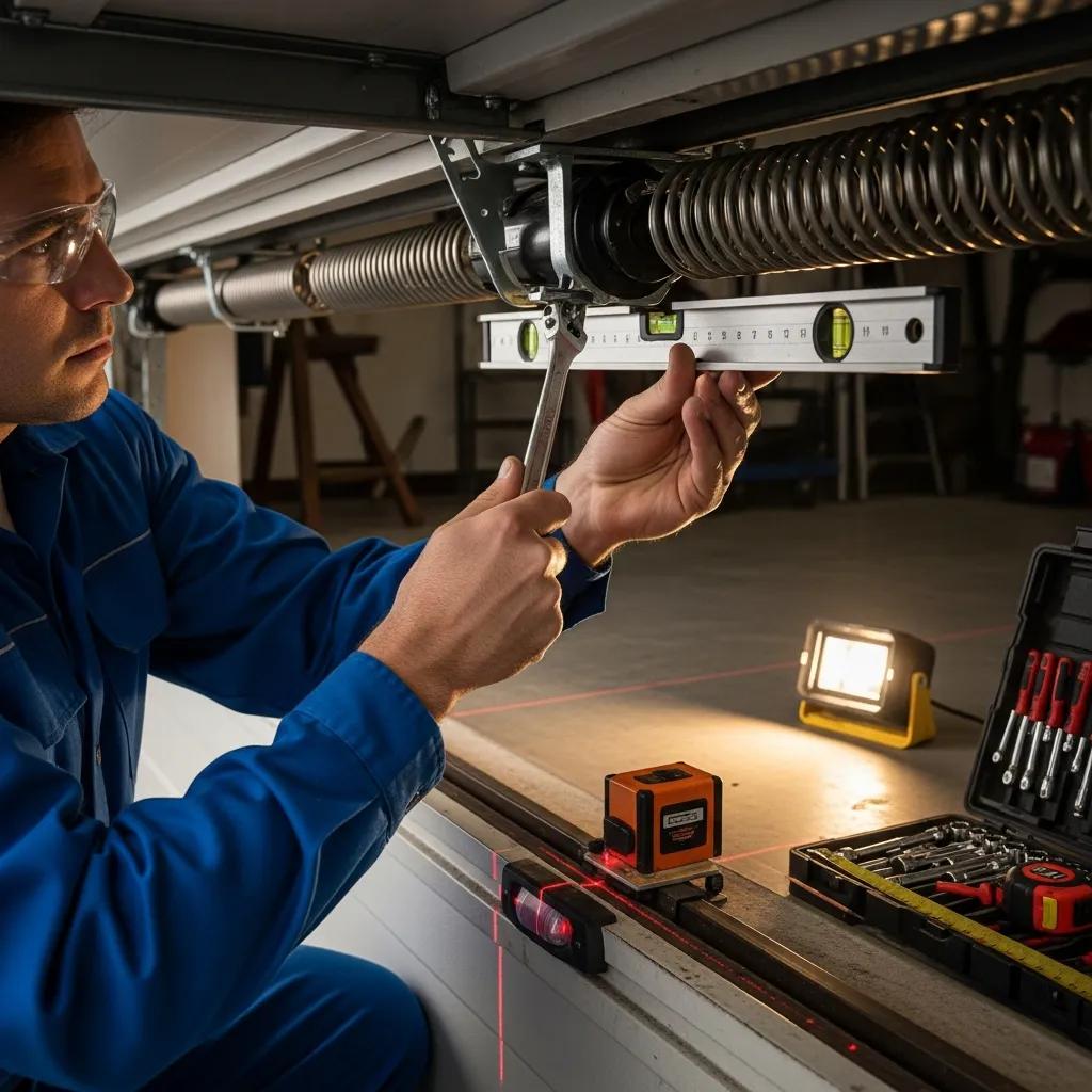 Technician checking torsion springs and safety sensors on a garage door