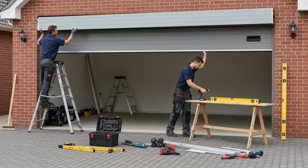 Professional garage door installation in progress with tools and equipment