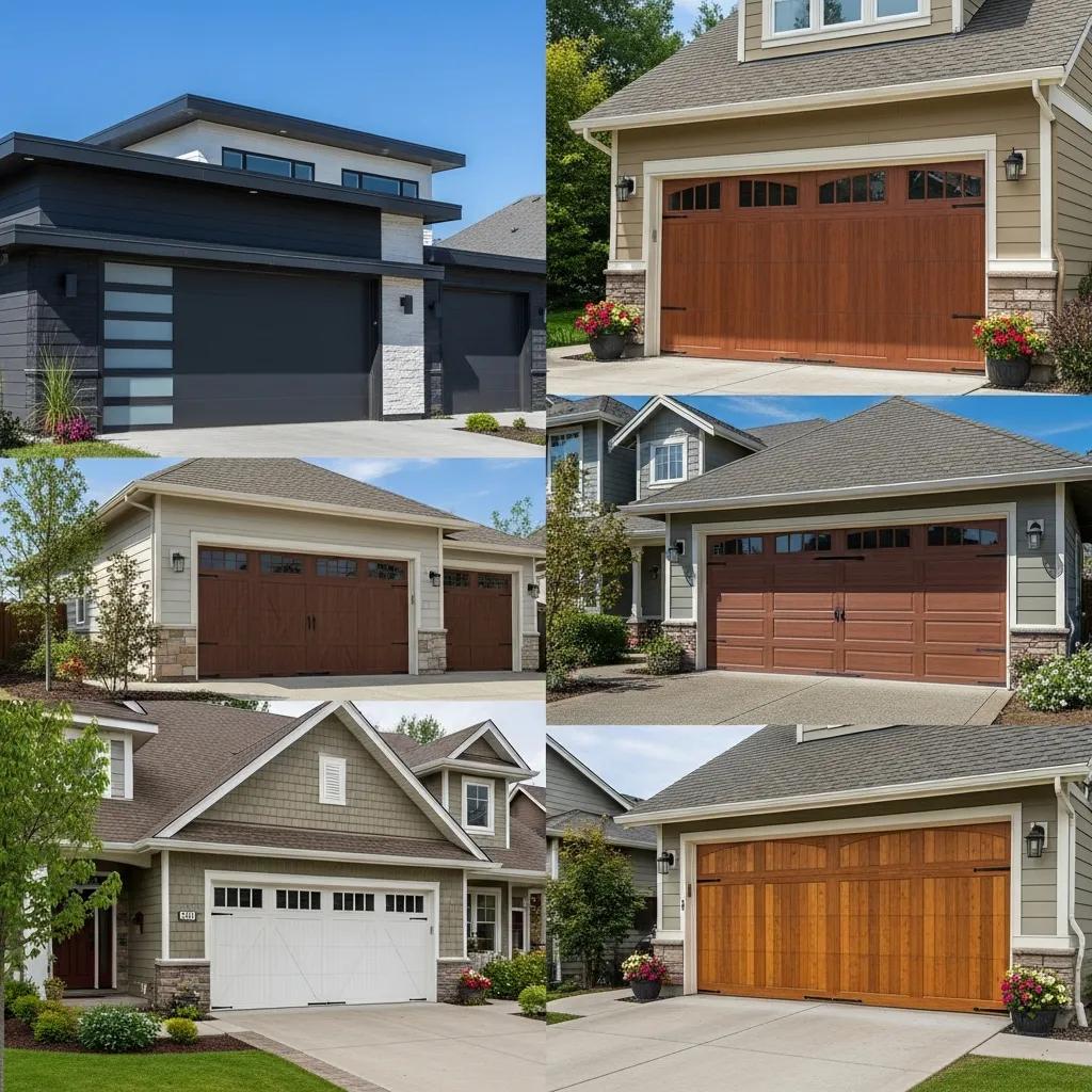Custom garage doors in various styles enhancing the curb appeal of unique homes