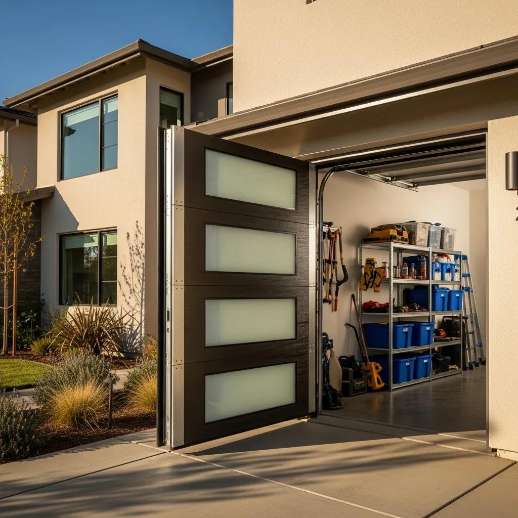 Modern energy-efficient garage door showcasing insulation features in a sunny Fresno neighborhood