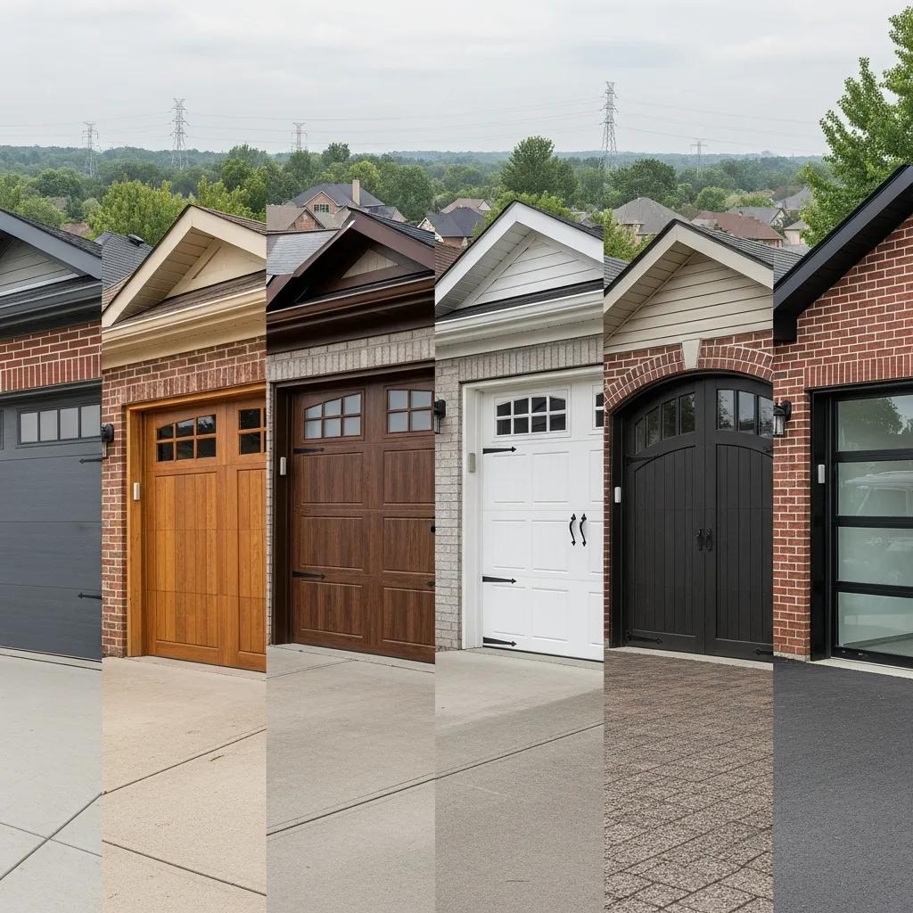 Variety of residential garage doors showcasing different materials and styles