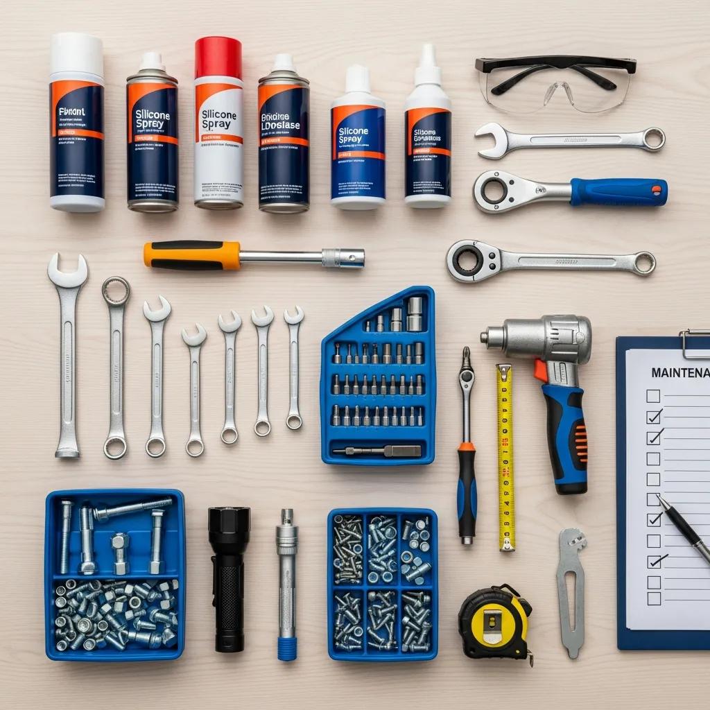 Garage door maintenance tools arranged on a workbench, emphasizing the importance of regular upkeep