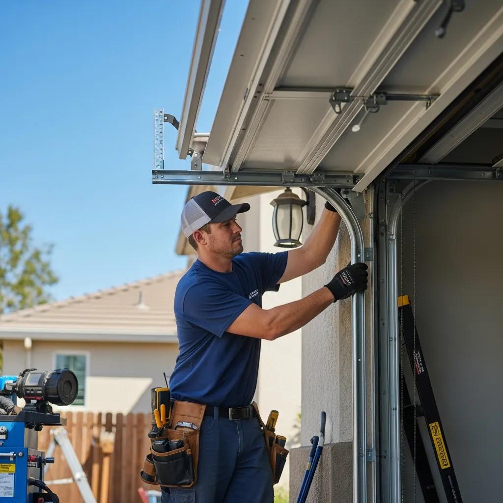 Professional technician installing a modern garage door in a Fresno residential setting