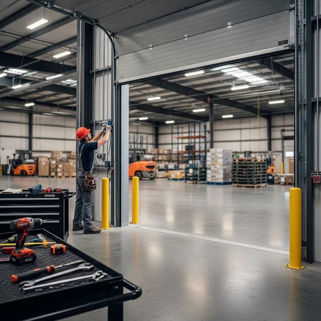 Technician fitting a high-speed commercial garage door at a facility