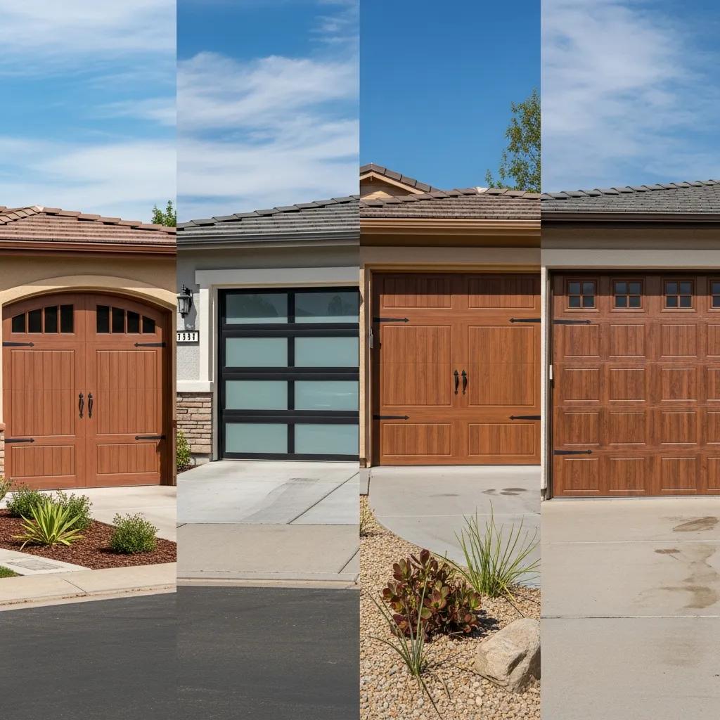 Range of residential garage door styles — Carriage House, Modern Aluminum, wood-look, and fiberglass — shown in bright outdoor light