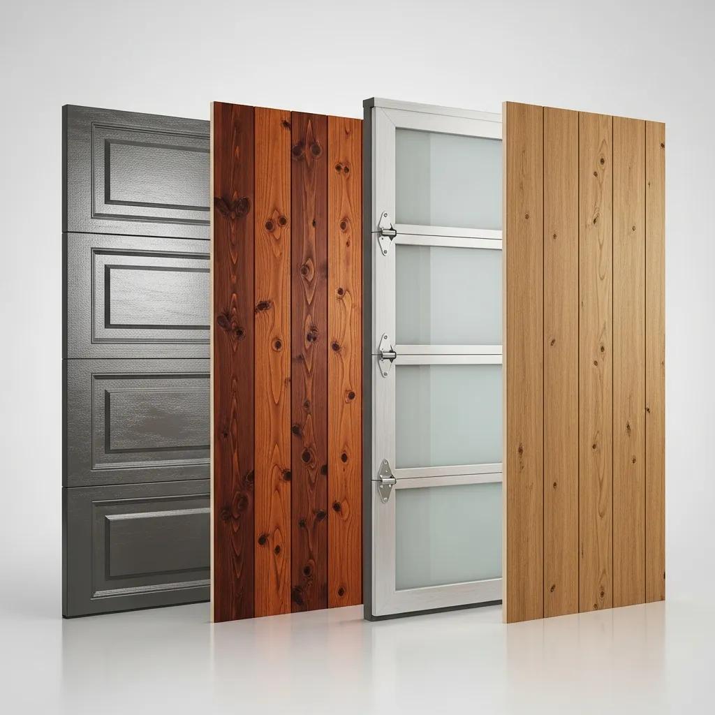 Different garage door materials including steel, wood, aluminum, and fiberglass