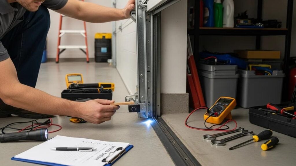 Technician conducting a safety inspection on a garage door, emphasizing the importance of safety features