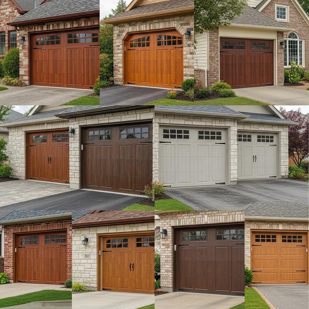 Variety of residential garage doors in different materials and styles in a suburban setting