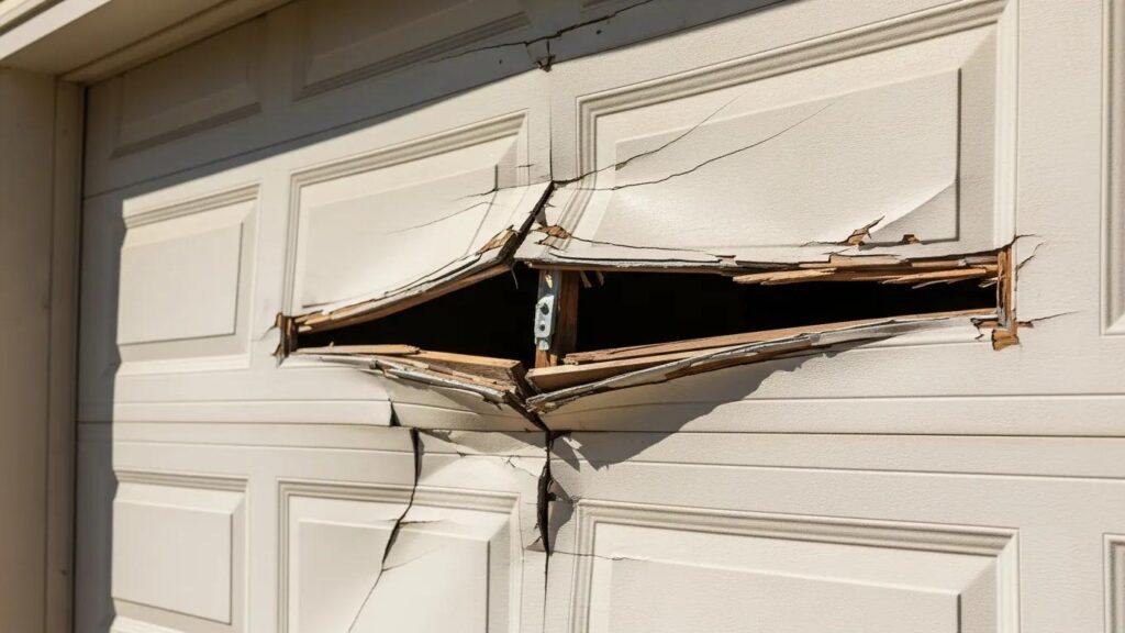 Close-up of a damaged garage door showcasing cracks and misalignment