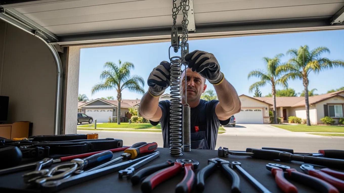 Garage door repair scene focusing on a mechanic working with tools in a Fresno neighborhood
