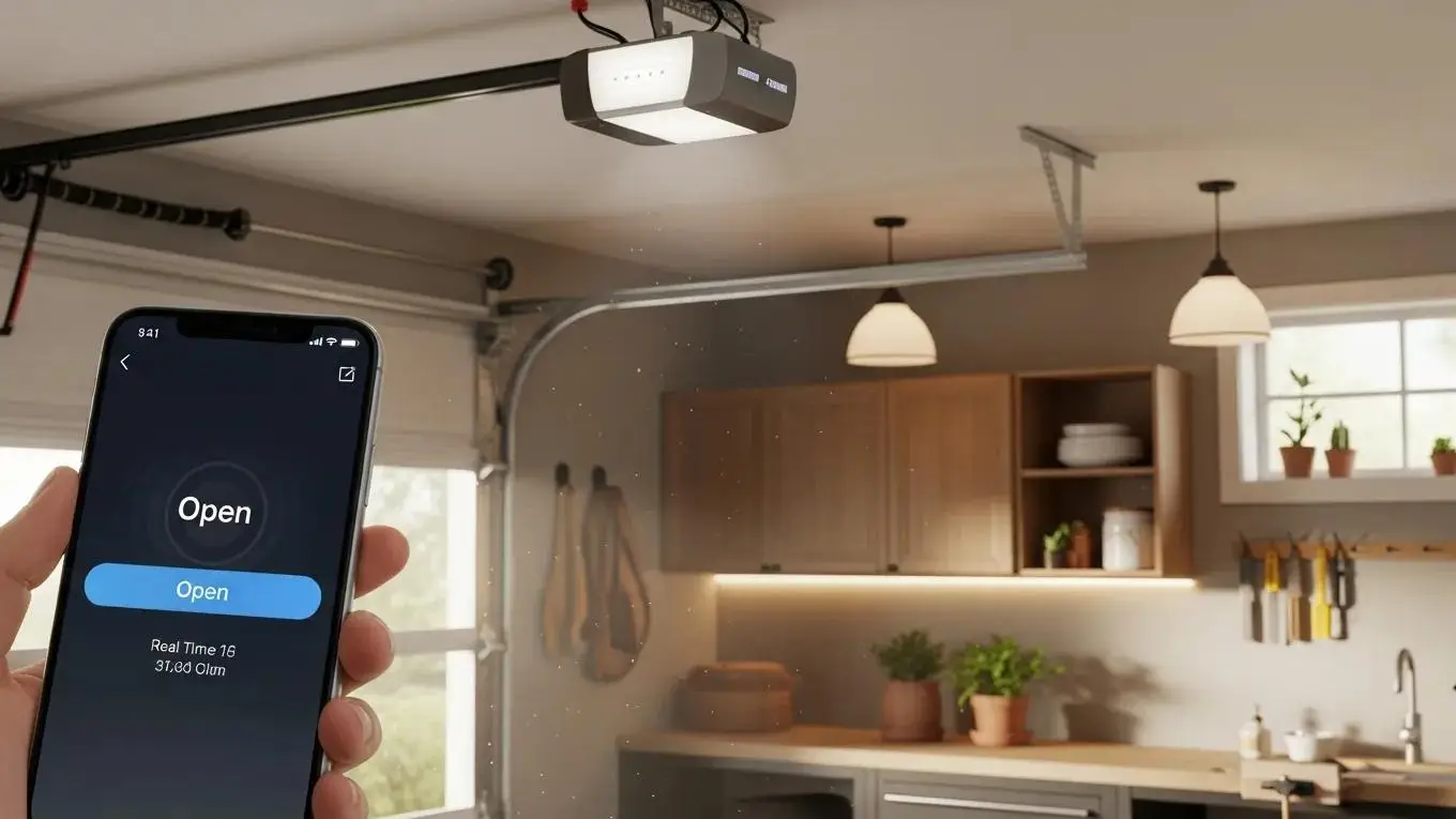 Modern smart garage door opener in a bright suburban garage controlled by a smartphone app