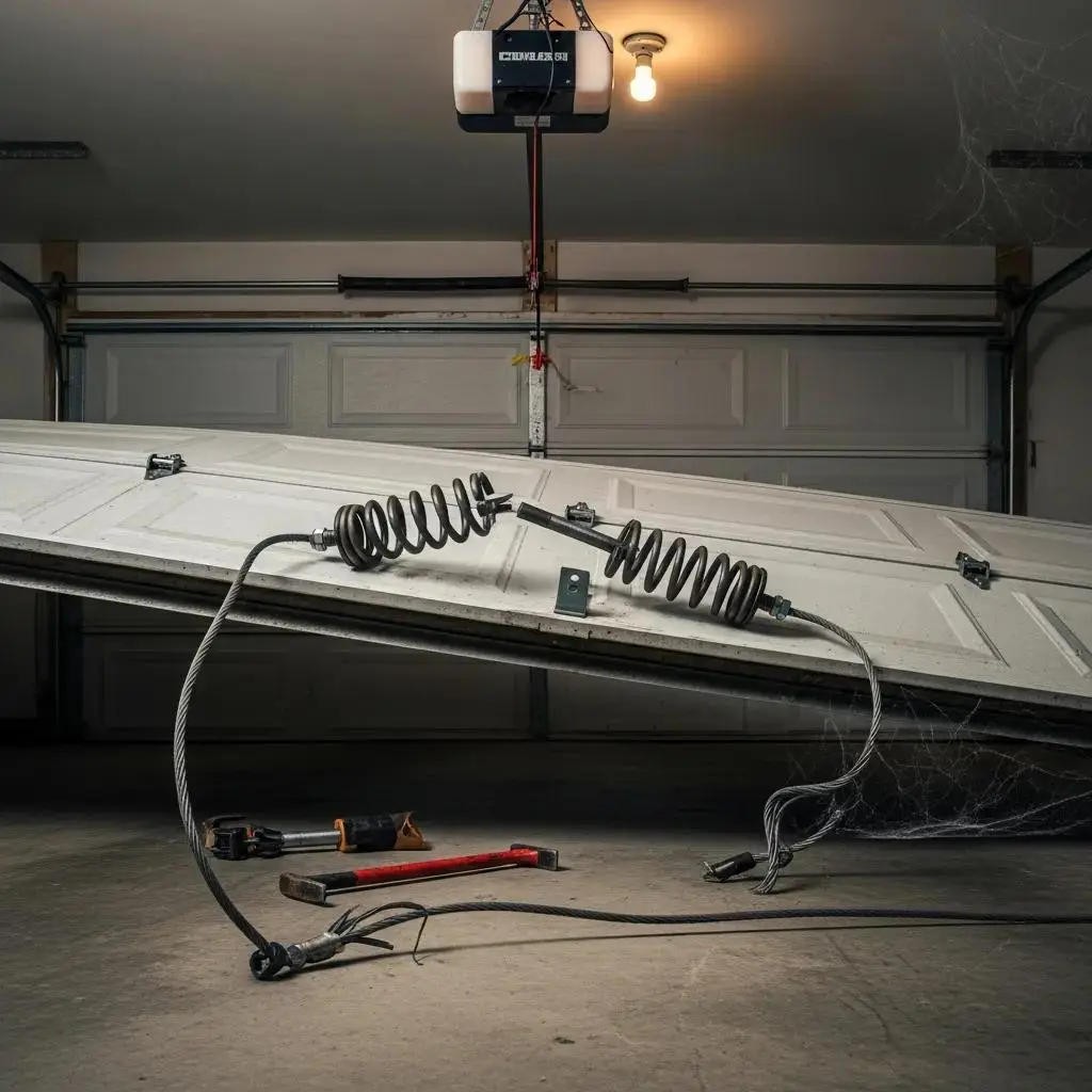 Close-up of a malfunctioning garage door with broken springs and cables, highlighting common emergencies