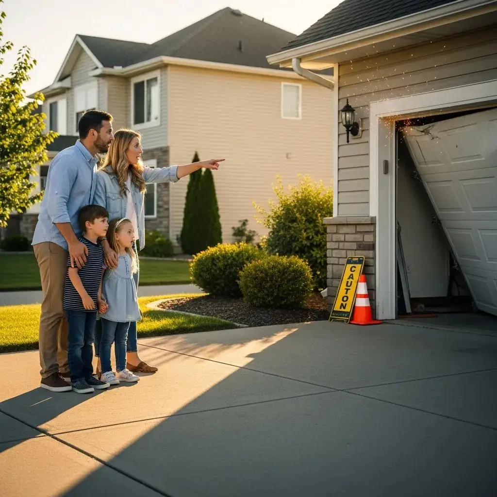 Family observing a malfunctioning garage door from a safe distance, emphasizing safety precautions