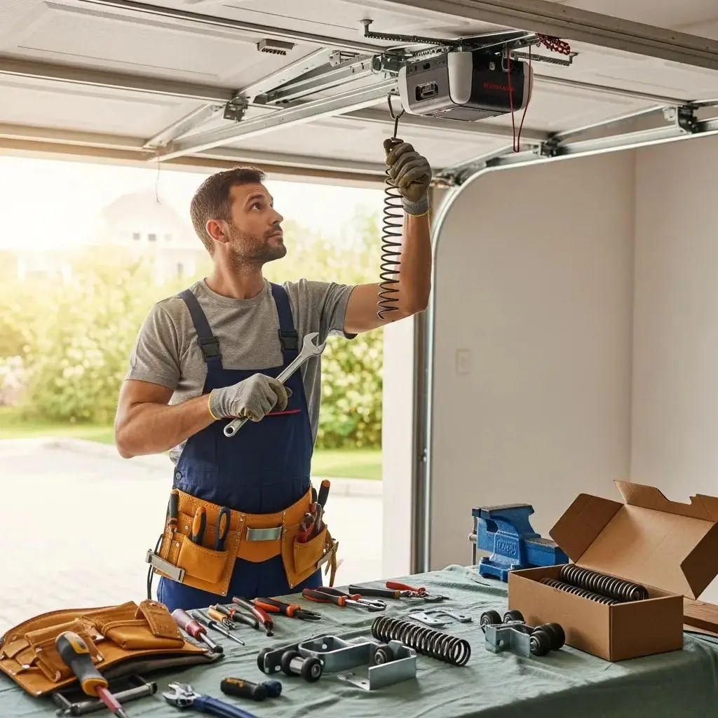 Technician repairing a garage door in a residential setting, showcasing emergency repair services